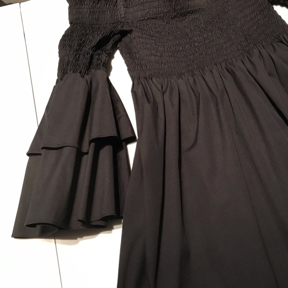 Caroline Constas Layered Bell Sleeve Smocked Off Shoulder Mini Dress in BLACK - Picture 4 of 9